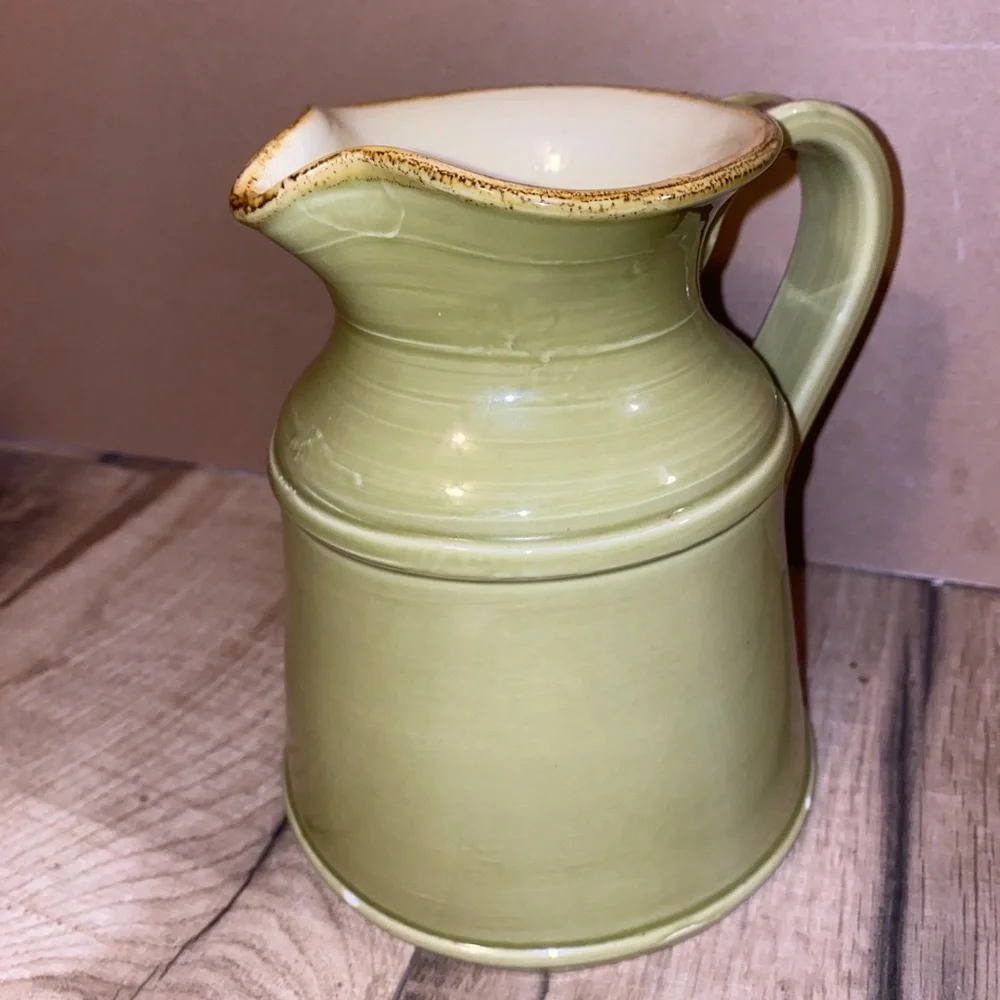 Made in Italy For Crate & Barrel Milk Jug Pitcher Green Yellow Glazed 32 Oz 6.5”
